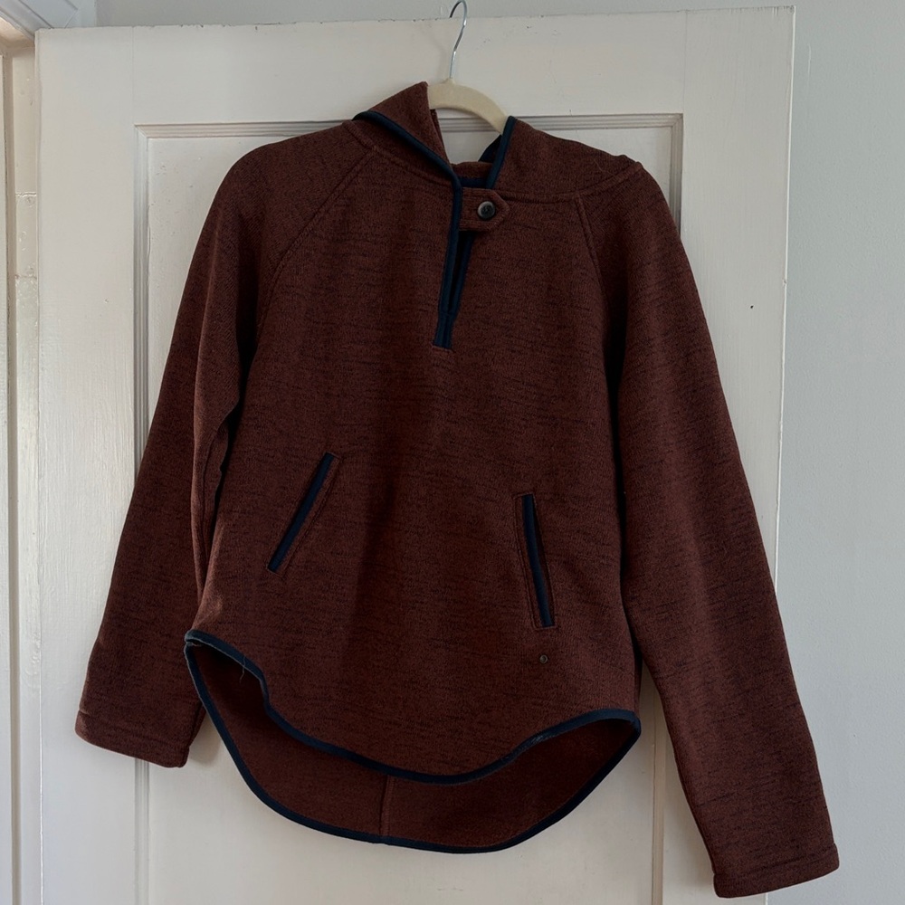 Prana Brown Zip-Up Hooded Sweater with Navy Trim